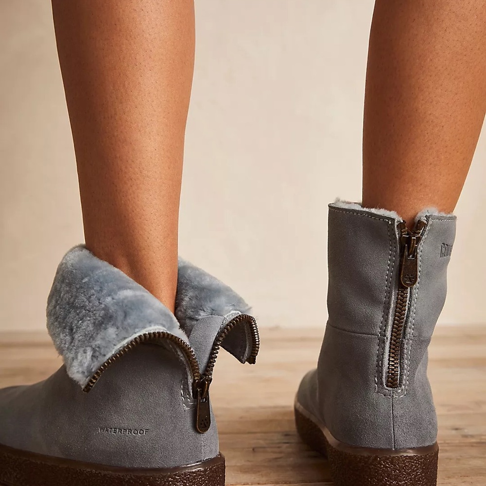 Free People x Cougar Waterproof Gray Blue Leather Fur Shearling Ankle Boots 8